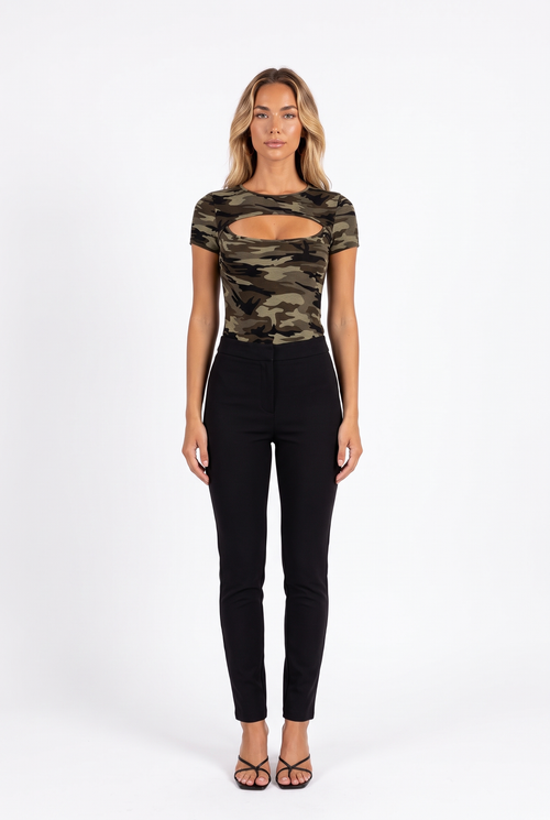 Camo print cut-out crew-neck top — front