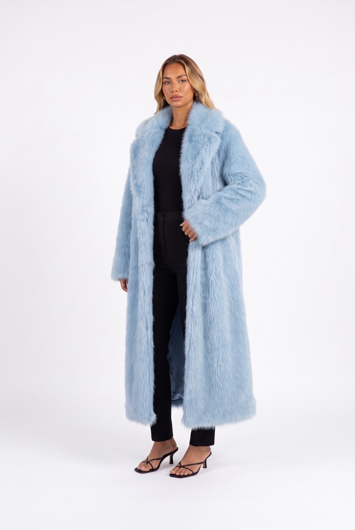 Sky blue long faux fur coat with notched lapels — three-quarter